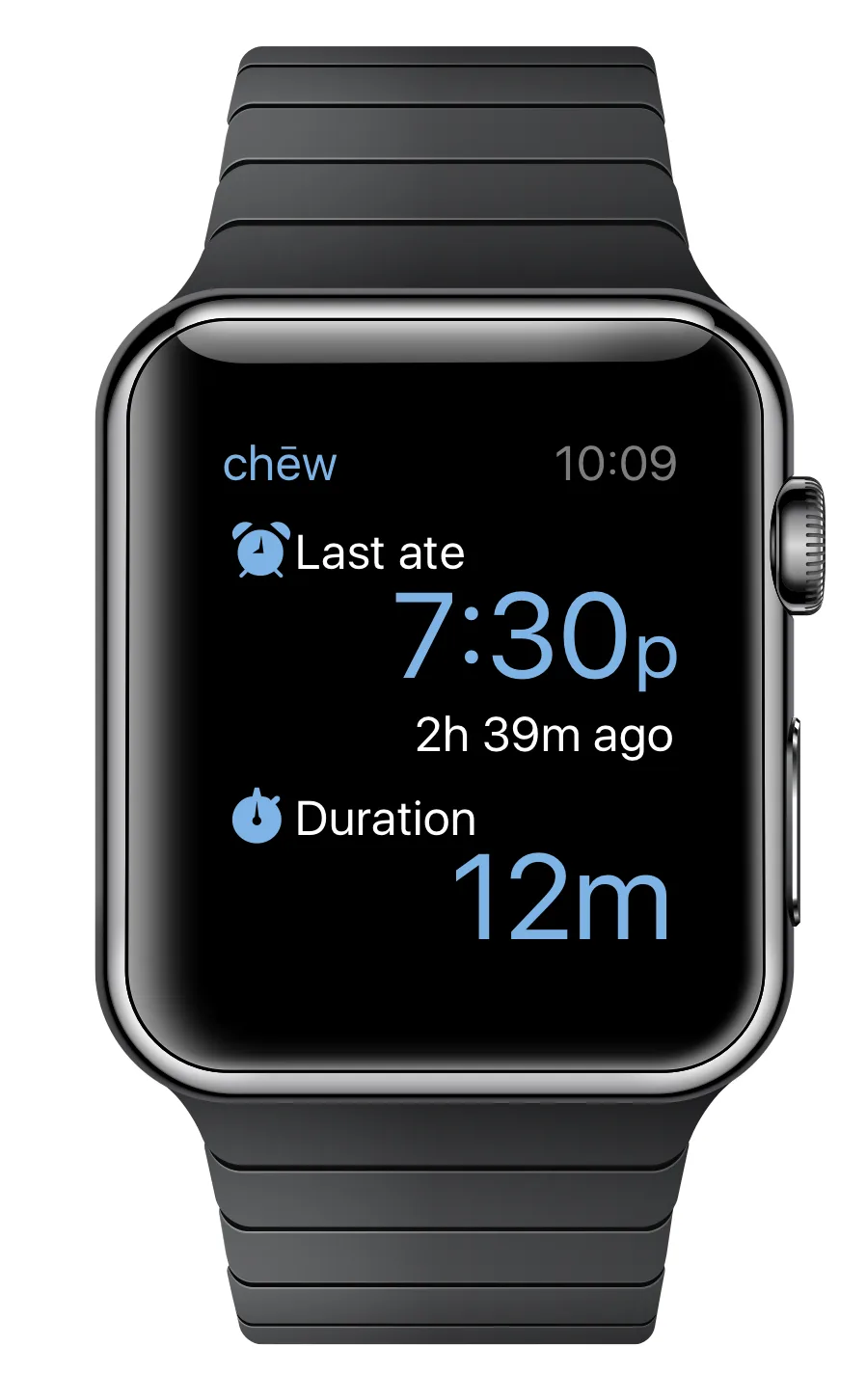 Concept screens summarizing the Chew personal informatics experience.