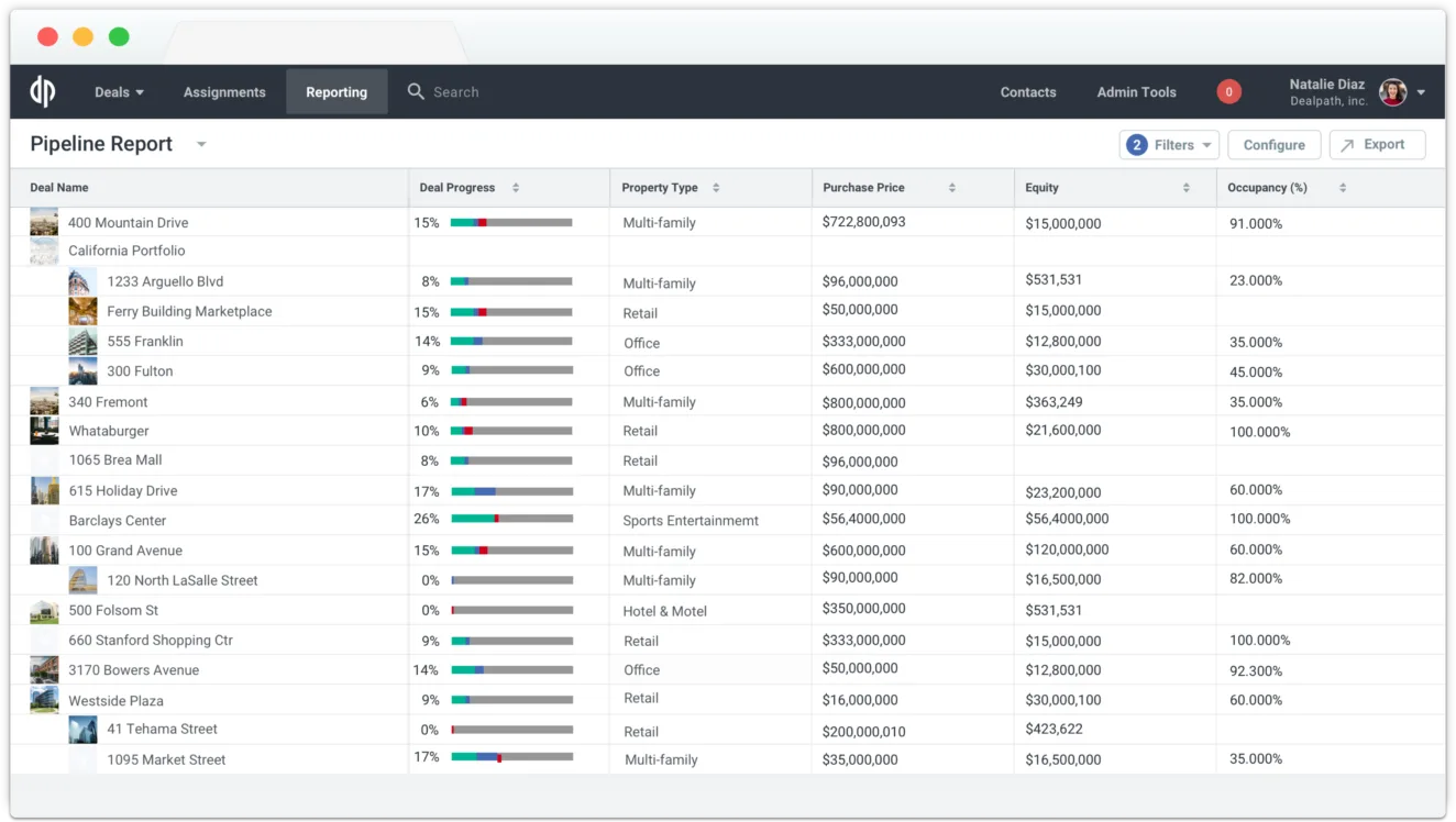 Automated Dealpath reporting interface scheduling recurring email summaries.