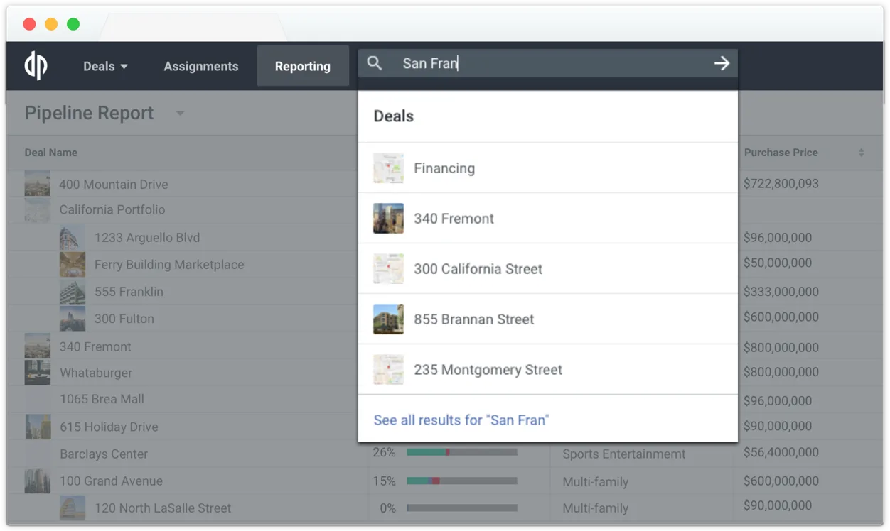 Dealpath intelligent search experience filtering deals and documents.