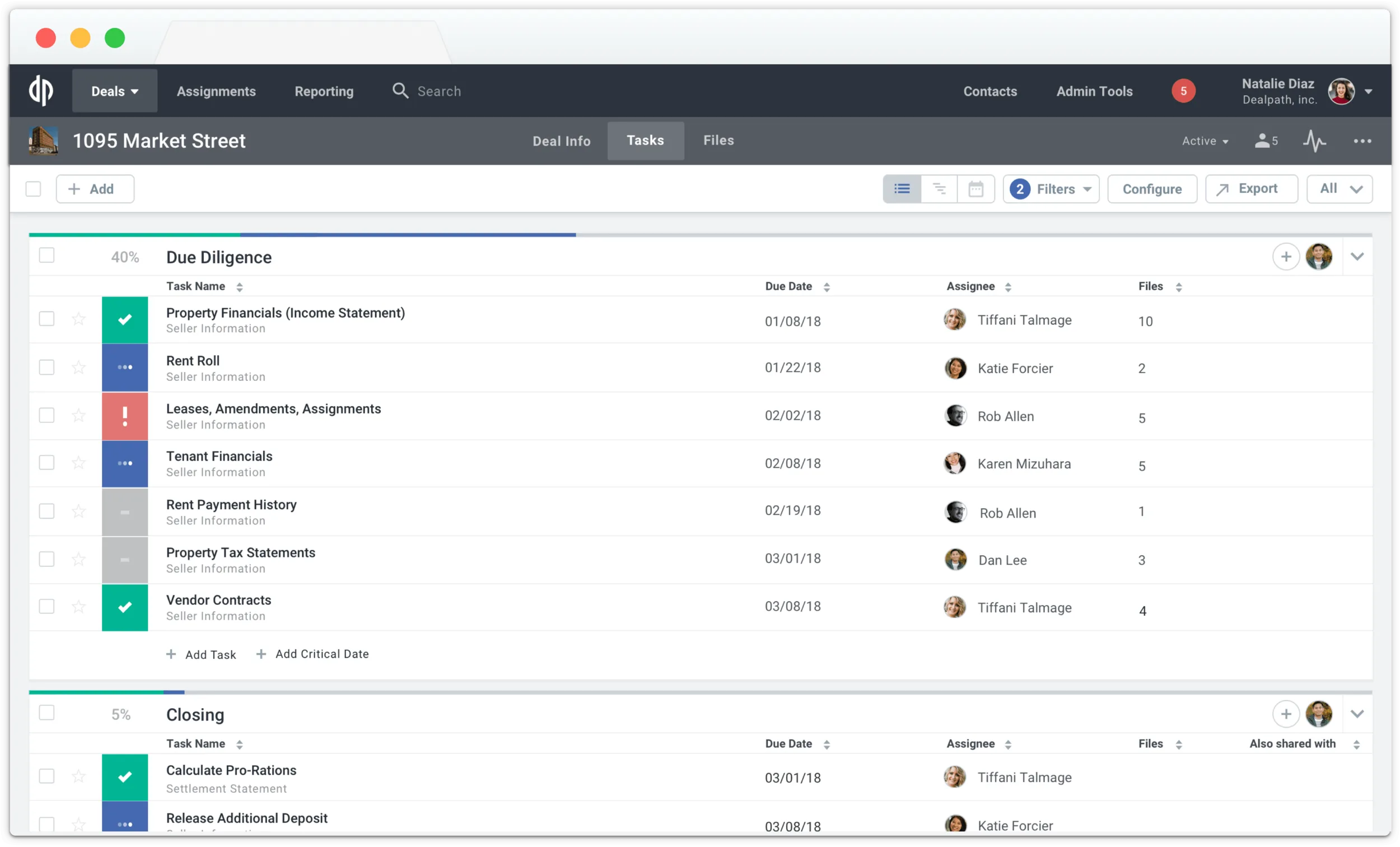 Dealpath workflow board illustrating tasks assigned across an investment team.