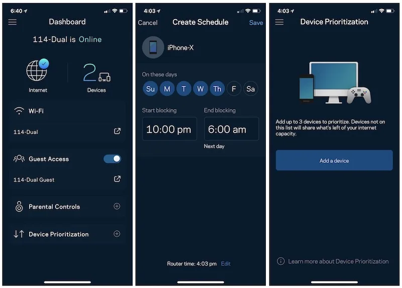 Linksys mobile app dashboard showing connected devices and parental controls.