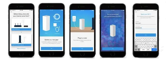 Screens from the Linksys app guiding mesh system setup.