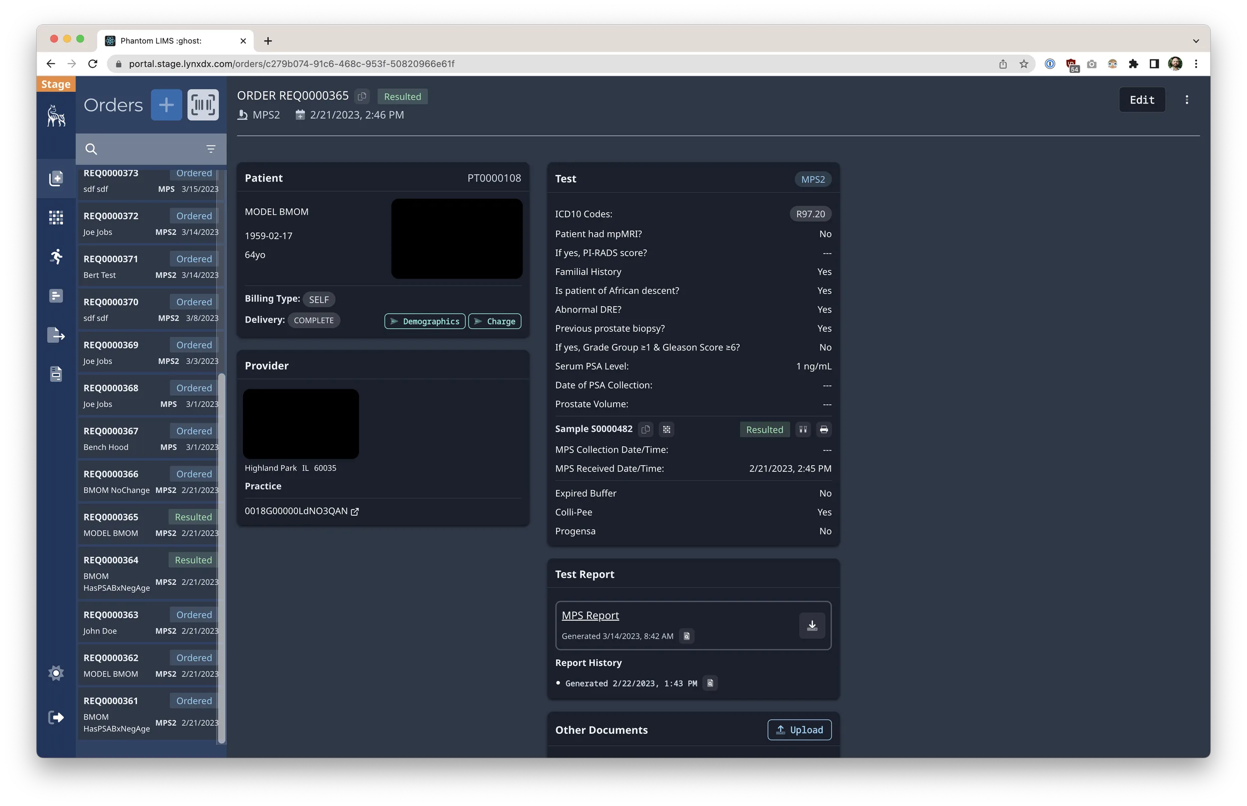 Order management view within the LynxDx LIMS platform.