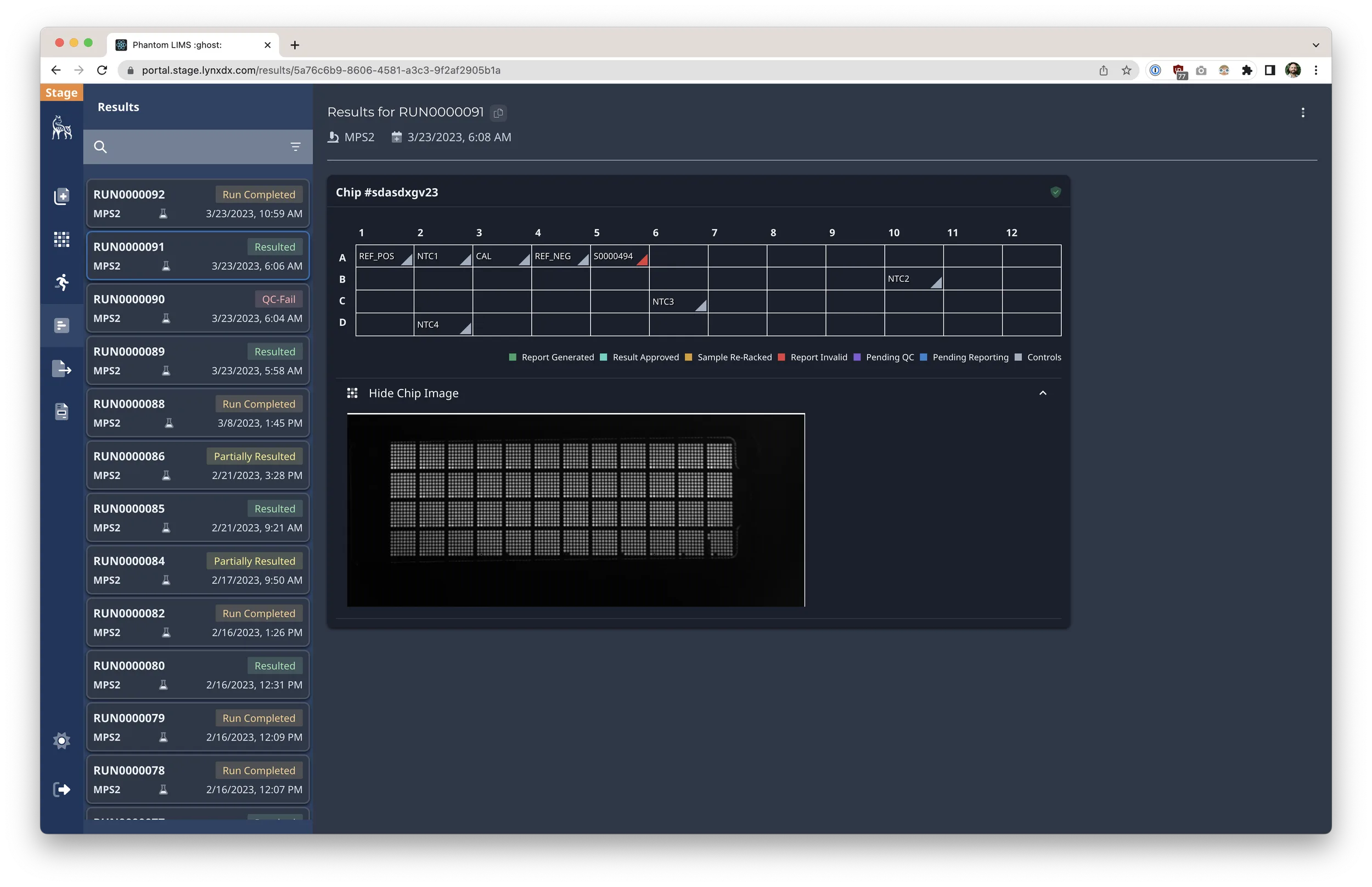 Laboratory results dashboard with filtering and export controls.