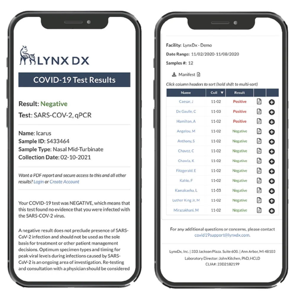Mobile phone mockups of the LynxDx testing experience.