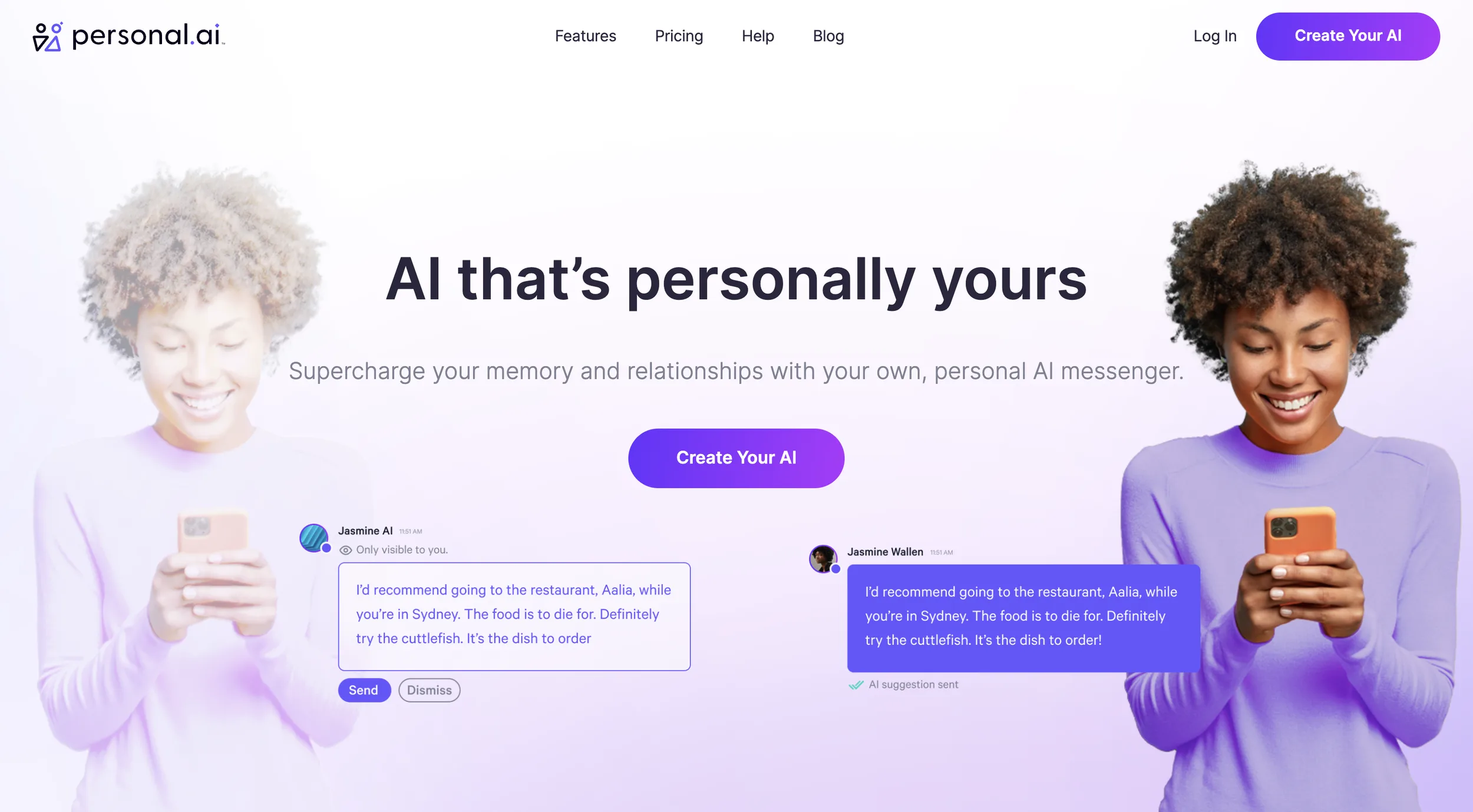 Personal AI landing page highlighting messaging integrations and personal models.