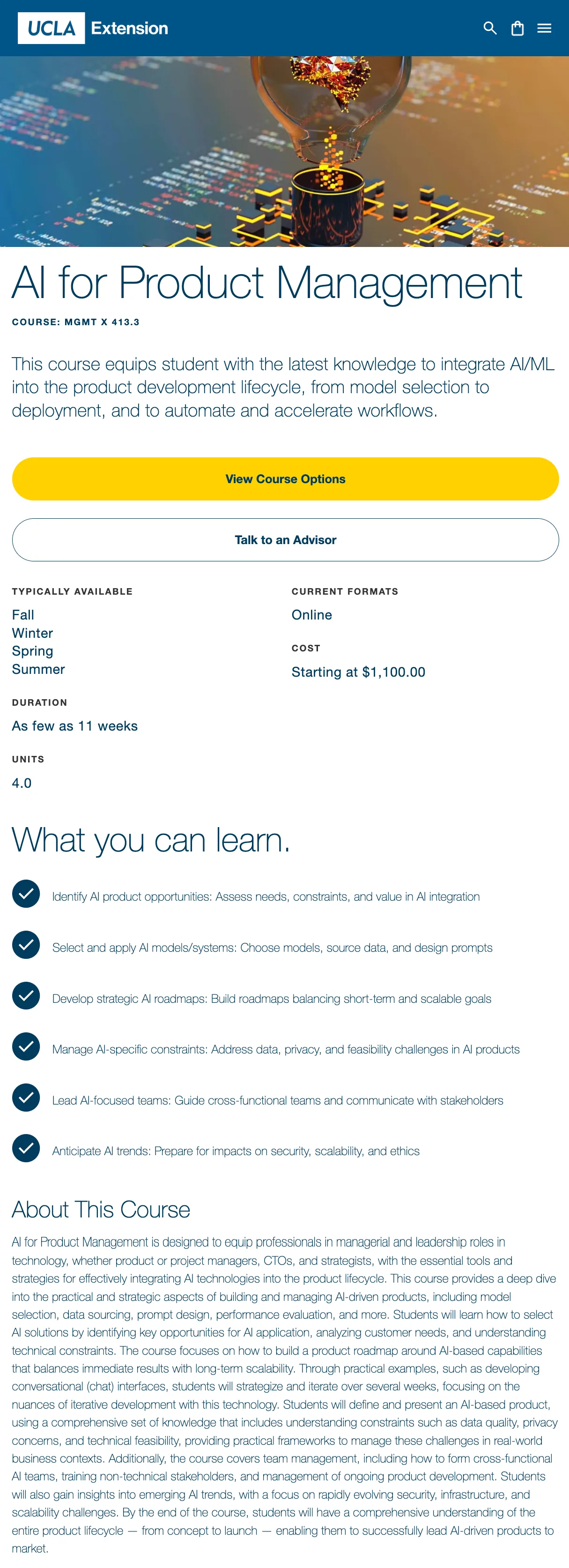 UCLA Extension AI for Product Management landing page.