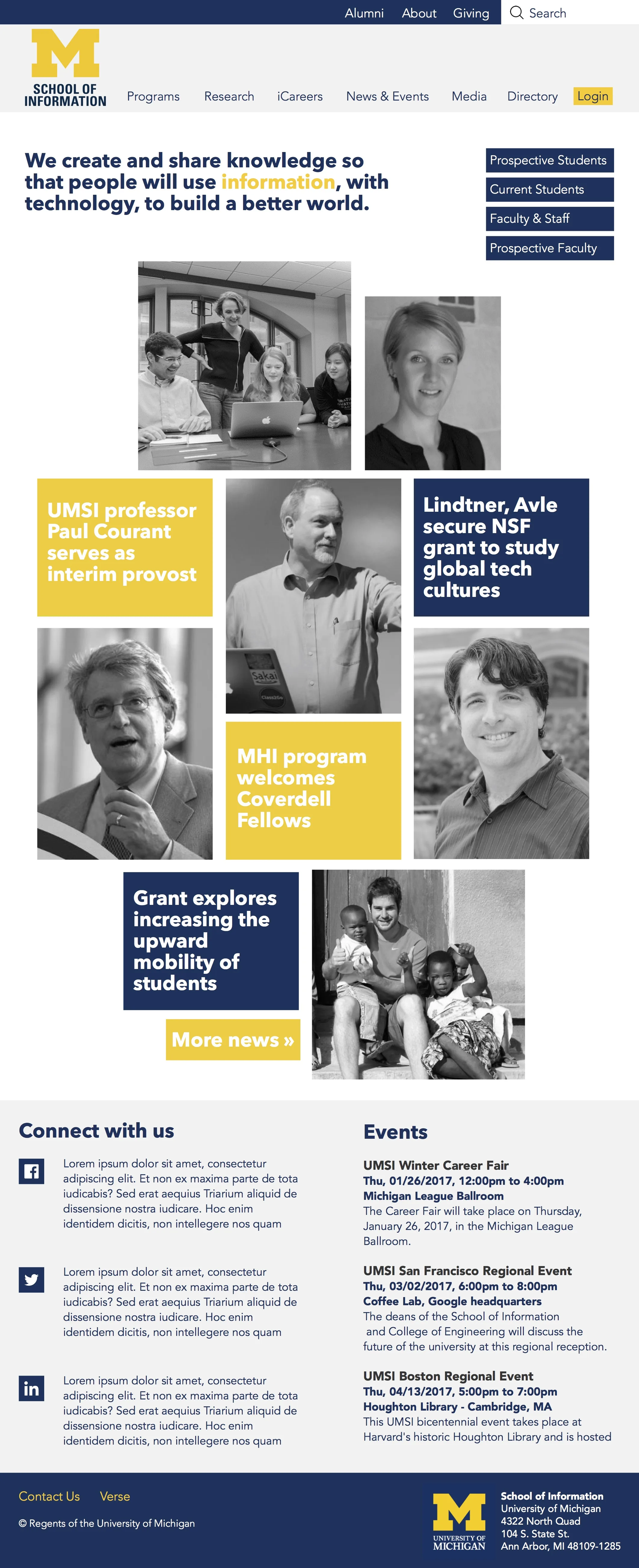 Concept homepage redesign for the University of Michigan School of Information.