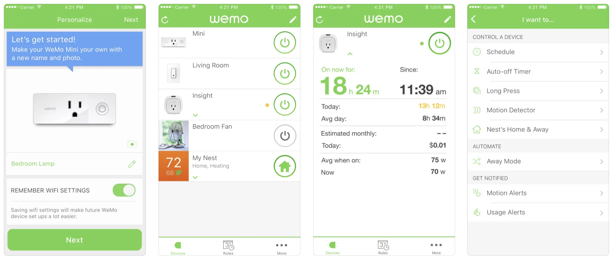 iPhone displaying the Wemo mobile app device controls.