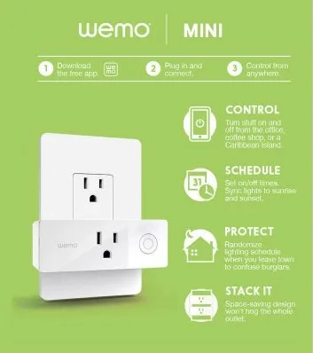 Wemo Mini Smart Plug hardware photographed on a counter.